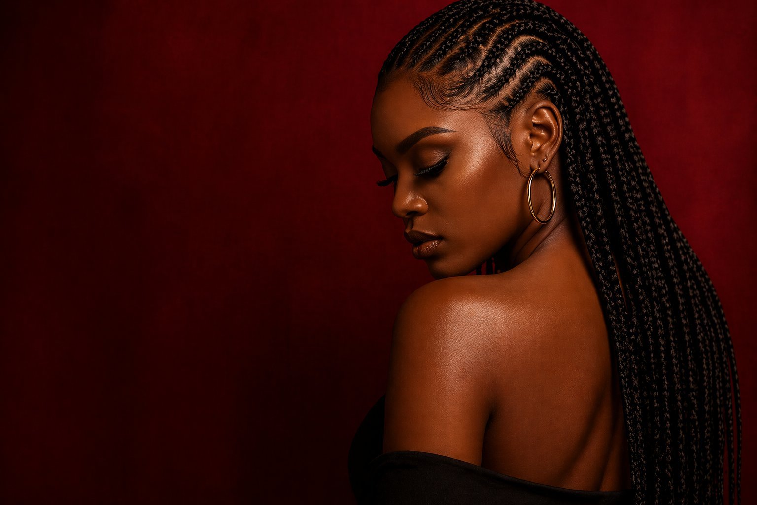 Profile portrait of a woman with long braided hair and gold hoop earrings against a deep red background, looking downward