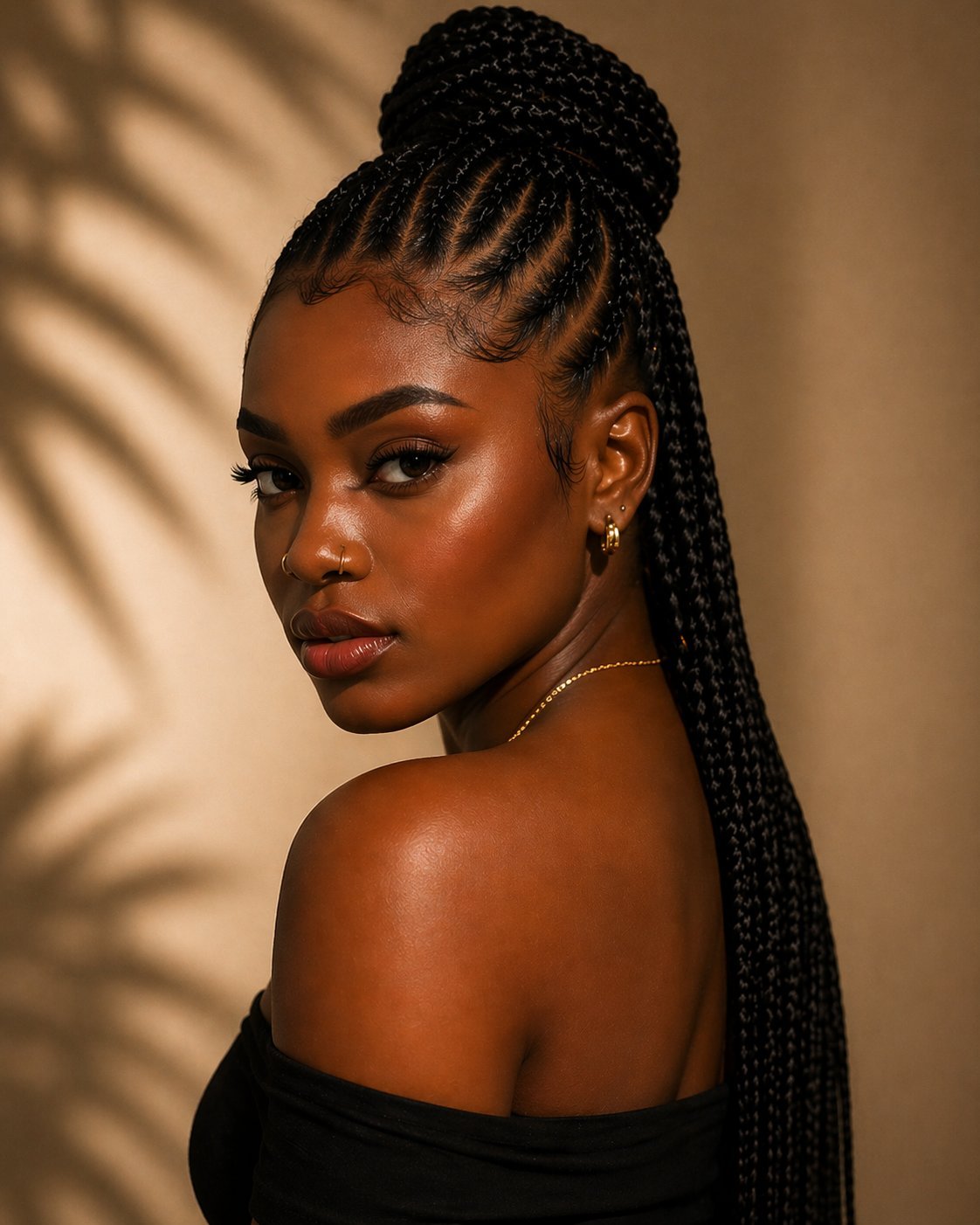 Woman with braided hair in top knot hairstyle, wearing gold chain necklace, posing against warm beige background
