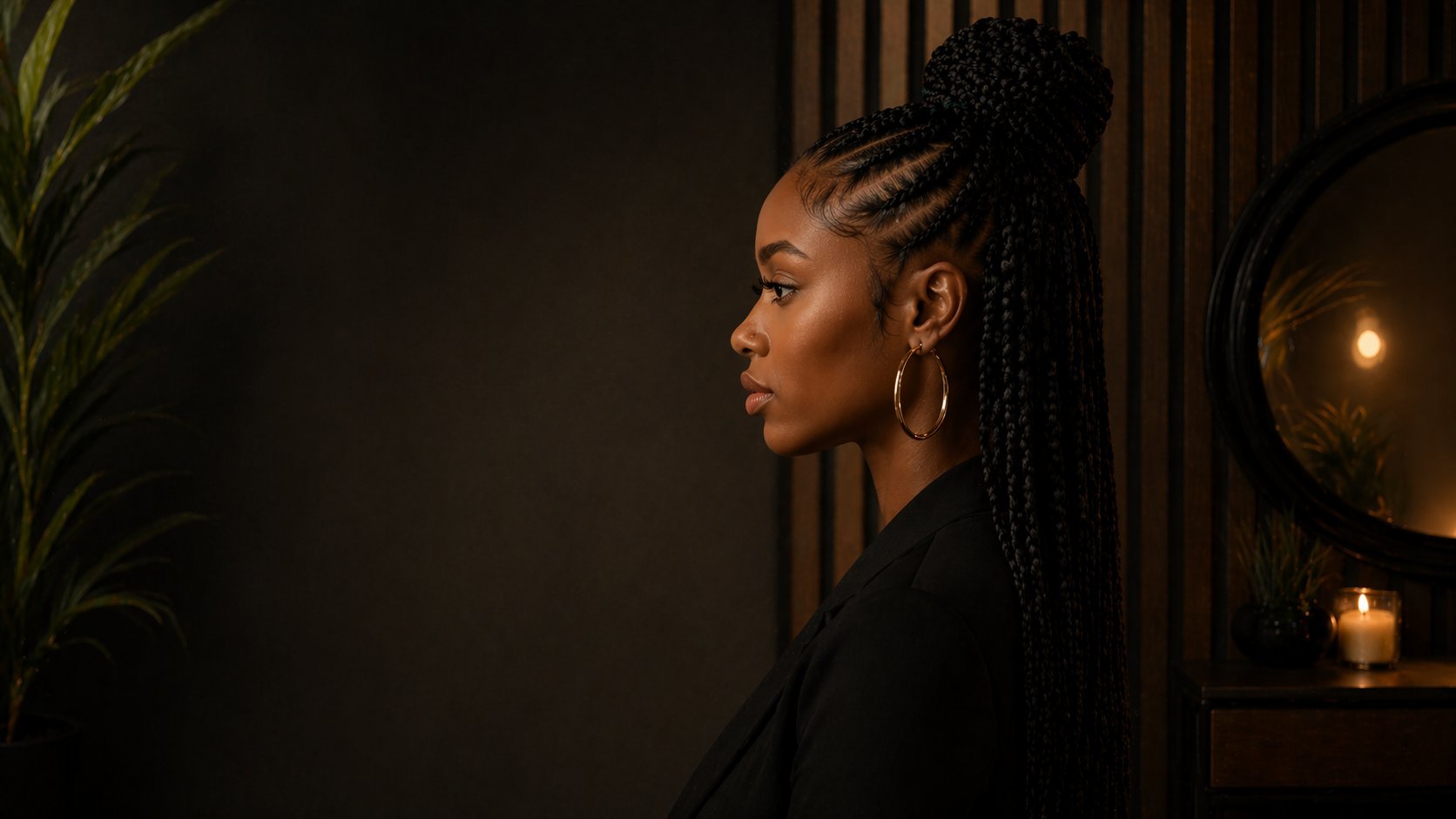 Black woman in profile wearing long braids and hoop earrings against a dark interior with warm lighting